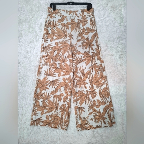 Nicole Miller Pants Womens Size Large Wide Leg Linen Blend Tropical Leaf Beachy - Picture 1 of 13